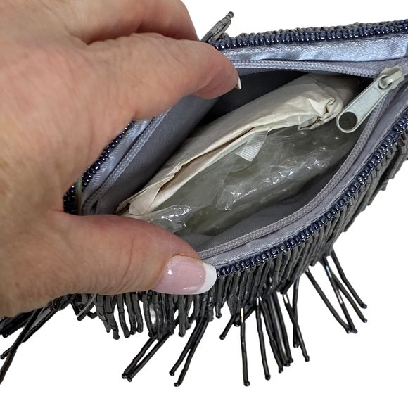 Women's Dressy Silver Grey Evening Bag with Beads - Picture 8 of 12